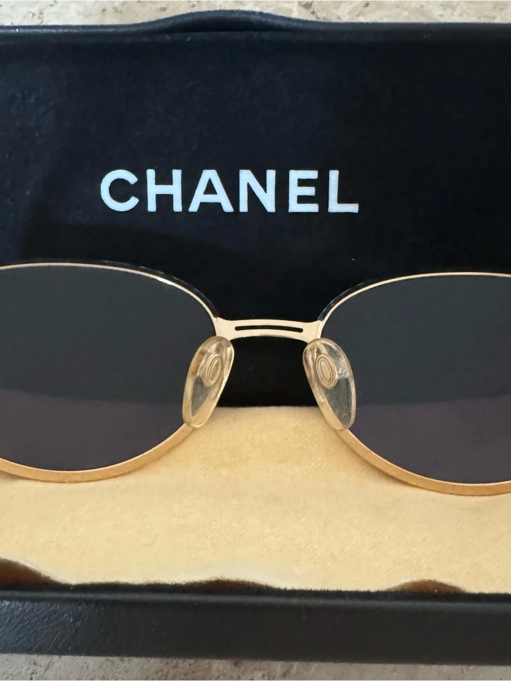 CHANEL Vintage Gold Frame Oval Smoke Lens Sunglasses
